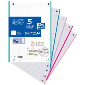 RECAMBIO OXFORD DOTS A4 100 HOJAS 90G CUADRÍCULA 5X5 CON MARGEN MULTICOLOR 5 BANDAS PASTEL 4 TALADROS