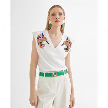 Camiseta Lola Casademunt sin mangas de mujer con cuello en pico y diseño de pájaros