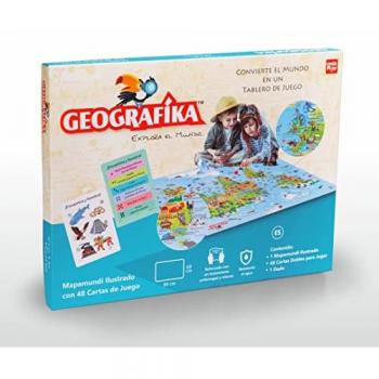 Geografika: Juego de Mesa Familiar de Geografía para Niños a Partir de 6 Años (2 a 4 Jugadores) con Mapamundi Ilustrado y Datos del Mundo