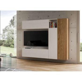 Mueble TV modular suspendido de diseño Lina en blanco y natural - 214 cm - 5 piezas