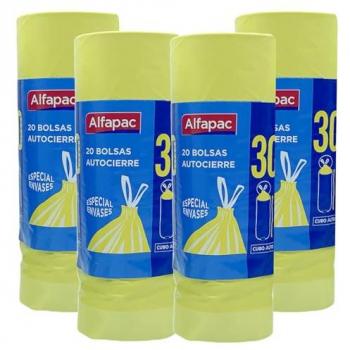Bolsas de Basura Autocierre Alfapac 30 L, 4 Rollos de 20 Bolsas (80 Bolsas), Especiales para Envases y Cubos Altos, Dimensiones 50x75 cms