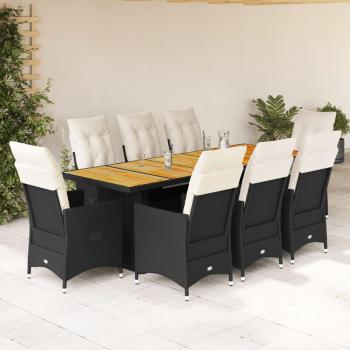 9-Piece Black Poly Rattan Garden Bistro Set with Cushions