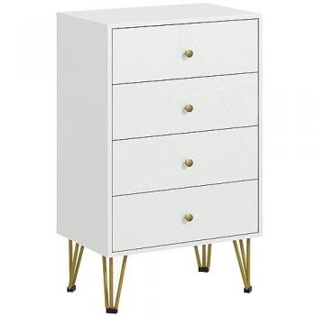 Cómoda de Dormitorio Moderna HOMCOM, Mueble de Madera con 4 Cajones y Patas Metálicas, Dimensiones 60x40x100 cm, Color Blanco