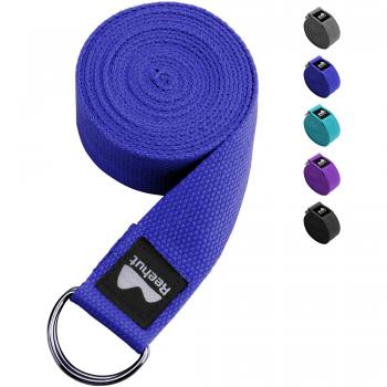 REEHUT Correa para Yoga (1.8m, 2.4m, 3m) - Cinturón con Hebilla Metal D-Anillos de 100% Algodón Resistente para Ejercicios de Estiramiento, Fitness, Pilates y Flexibilidad(Azul,2.4m,8ft)