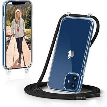 GOODVISH Funda con Cuerda para iPhone 12/12Pro 6.1'', A Prueba de choques Carcasa Transparente TPU, Case con Correa Colgante Ajustable Collar Correa de Cuello Cadena Cordón - Negro