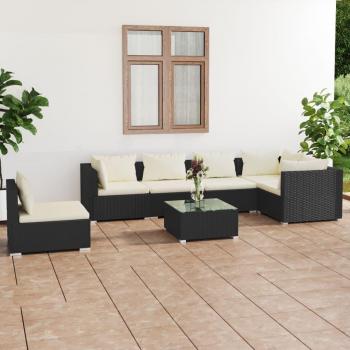 7-Piece Black Poly Rattan Garden Lounge Set with Cushions