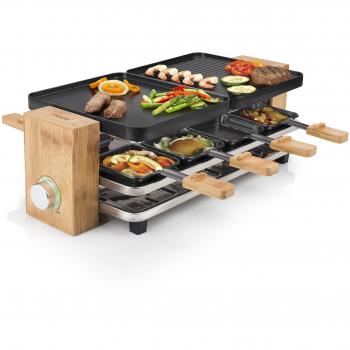 Princess 162910 Raclette y Parrilla con carcasa de bambú natural y 8 sartenes, superficie para cocinar 41,8 x 23 cm, revestimiento antiadherente de alta calidad, 1200 W, Negro