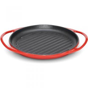 Parrilla Redonda Antiadherente de Hierro Fundido 26 cm - Apta para Inducción, Vitrocerámica, Gas y Horno - Asas Prácticas - Rojo Cereza