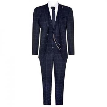 Navy Blue Tweed Check 3 Piece Wool Suit for Men - Peaky Blinders 1920 Gatsby Style, Size 38