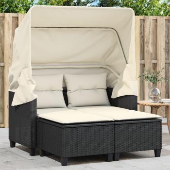 2-Seater Garden Sofa with Canopy and Stools, Black Poly Rattan
