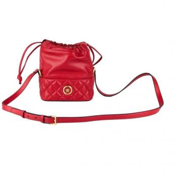 Versace Red Quilted Leather Drawstring Shoulder Bag Bucket Crossbody Handbag