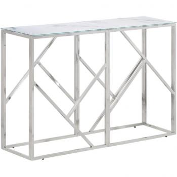 Mesa consola de acero inoxidable plateado y vidrio templado para salón, entrada o recibidor