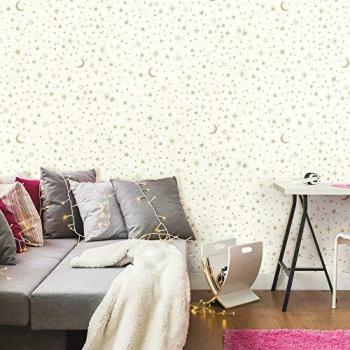 Papel pintado autoadhesivo geométrico de estrellas brillantes en blanco y oro 52 x 500 cm