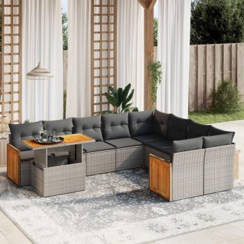10-Piece Grey Poly Rattan Garden Sofa Set with Cushions