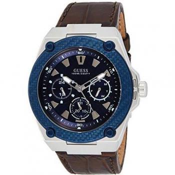 GUESS Men's 45mm Brown Leather Band Steel Case Quartz Blue Dial Watch W1058G4