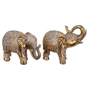 Elefante de la Suerte - Figura Decorativa Signes Grimalt by Sigris, Modelo 2, Set de 2 Unidades, Diseño Africano, Color Dorado, Dimensiones 10x24x22cm