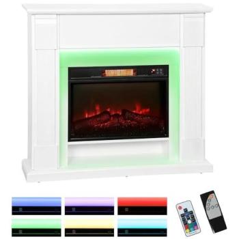 Chimenea Eléctrica Empotrable Blanco 1800W con Efecto de Llama 3D, Tira de Luz LED RGB, Temporizador y Mando a Distancia para 30㎡