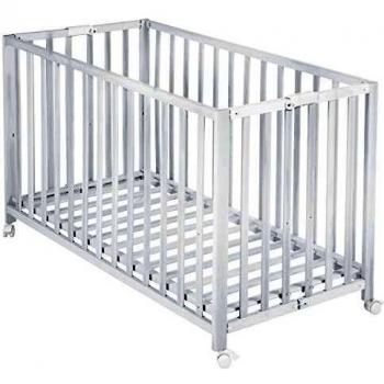 Cuna roba plegable 'Fold Up', cuna de 60x120 cm, cuna de madera blanca, cuna ajustable en altura a 3 posiciones, ahorra espacio y esta provista de ruedas con frenos.