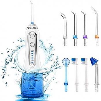 Irrigador Bucal Profesional Irrigador Dental Portátil con 6 Boquillas, 5 Modo de Limpieza, Bola de gravedad y 300ML Tanque de Agua, IPX7 Resistente al Agua para Ortodoncia, Placa, Implantes Limpieza