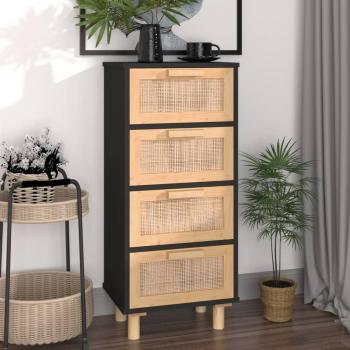 Aparador de Madera de Pino Maciza y Ratán Natural 40x30x90 cm - Mueble de Almacenaje para Salón, Buffet, Armario Auxiliar, Armario de Almacenamiento en Color Negro