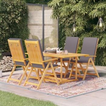 5-Piece Garden Dining Set with Grey Cushions, Solid Teak Wood