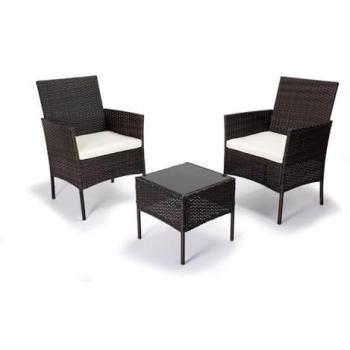 Conjunto de Jardín Mesa + 2 Sillones de Ratán PE, Color Marrón