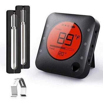 BFOUR Termómetro de Parrilla Bluetooth, termómetro de Parrilla Digital inalámbrico con 2 sondas Termómetro de Carne 2 sensores de Temperatura con Alarma para Cocina, Horno, Carne y líquido