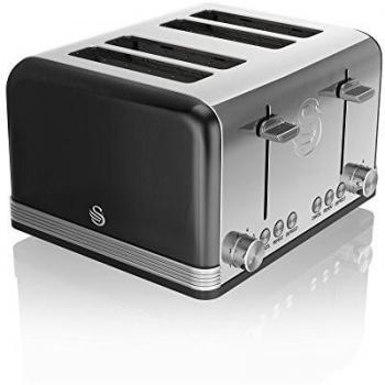 Tostadora Retro Swan ST19020BN 4 Rebanadas Anchas, Acero Inoxidable Negro, 1600W, Funciones de Descongelación, Recalentamiento y Cancelación, Regulador de Tost