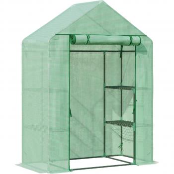 Outsunny Invernadero de Jardín Vivero Casero con 4 Estantes Puerta Enrollable Cubierta de PE 140g/m² y Marco de Acero para Cultivos Plantas