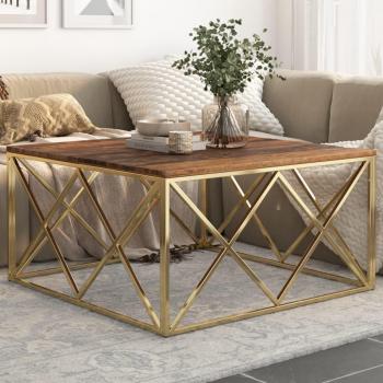 Mesa de café dorada de acero inoxidable y madera maciza
