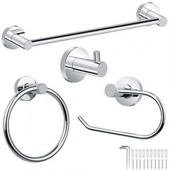Conjunto Accesorios de Baño 4 Piezas, Toalleros Portarrollos Baño Toallero Accesorios Baño Ganchos Toallero de Anilla, Accesorios de Baño Cocina Plata Acero Inoxidable