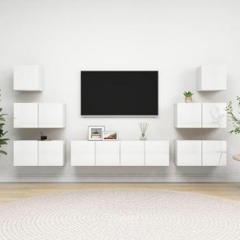 Set de muebles de salón 8 piezas madera de ingeniería blanco brillo con dimensiones 60 x 30 x 30 cm, incluye Mueble TV, Mueble Televisor y Mesa de TV