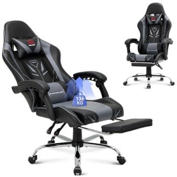 Silla Gaming Ergonómica con Reposapiés, Capacidad de Carga Máxima 136 kg, Color Gris