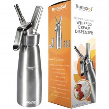 Runesol Sifon de cocina para espumas Profesional, Sifón de cocina, Dispensador de crema batida de aluminio premium, sifón de nata con 3 boquillas de acero inoxidable, dispensador de crema fresca