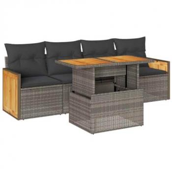 5-Piece Grey Poly Rattan Garden Sofa Set with Cushions