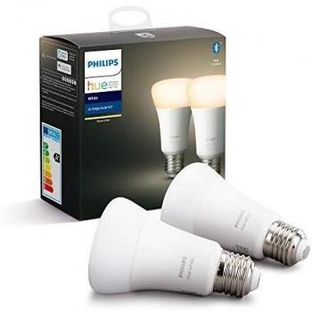 Philips Hue - Bombilla inteligente, E27, Luz cálida regulable, 9W, Compatible con Alexa y Google Home - Pack de 2 Bombillas LED inteligentes