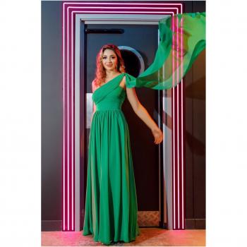 Goddiva One Shoulder Pleated Chiffon Scarf Maxi Dress - Green