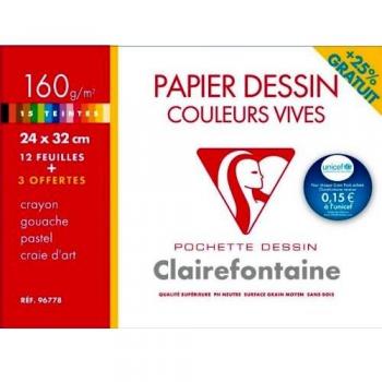 Papel de dibujo Clairefontaine colores vivos 24x32cm 160g - Paquete de 12 hojas + 3 gratuitas