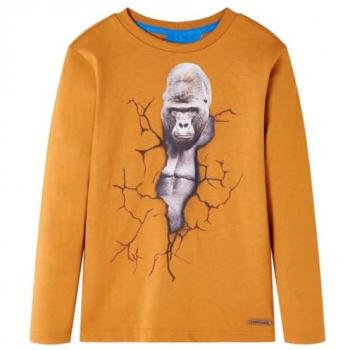 Camiseta Infantil de Manga Larga Estampado Gorila Jersey Ropa Cuello Redondo Ocre Oscuro 140