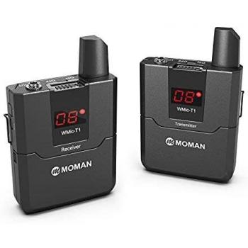 Moman T1 Sistema de UHF-Micrófono-Solapa-Inalámbrico-Reflex 16 Canales para DSLR Cámara, Videocámara y Smartphone, 50m Rango de Transmisión, Adecuado para Entrevista, Enseñanza, Presentación etc