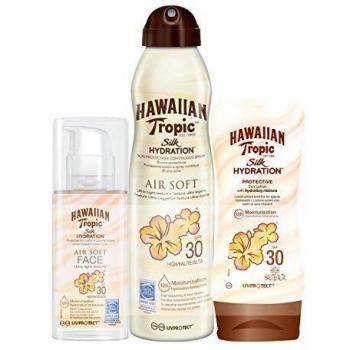 Hawaiian Tropic Silk Hydration - Loción Protective SPF 30 + Spray Bruma Air Soft SPF 30 + Loción Air Soft Face SPF 30 - Pack 3 unidades