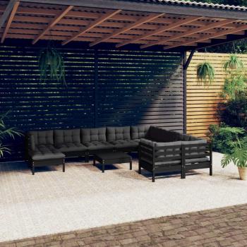 Sofá de jardín 11 piezas con cojines de madera de pino negro