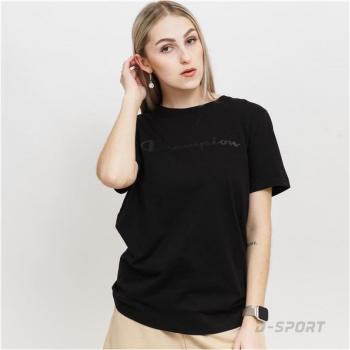 Camiseta Champion Crewneck Negra para Mujer, Manga Corta, 100% Algodón, Diseño Clásico, Logo Bordado en el Pecho
