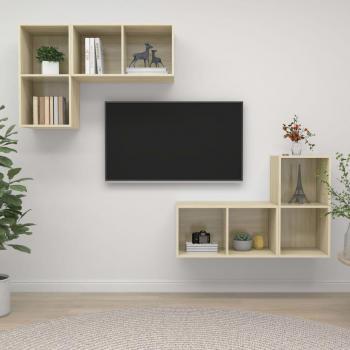 Mueble de salón de pared 4 piezas madera ingeniería color roble Sonoma con mueble TV, mesa de TV y mueble tele
