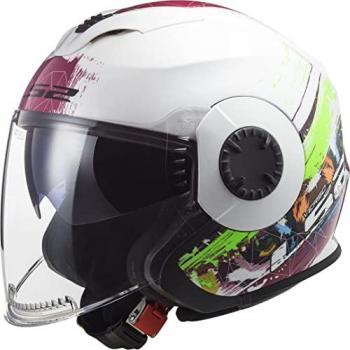 Casco Jet LS2 OF570 Verso Spring Blanco/Rosa, talla L, características: diseño aerodinámico, visera solar integrada, sistema de ventilación eficiente, forro interior desmontable y lavable, homologación ECE