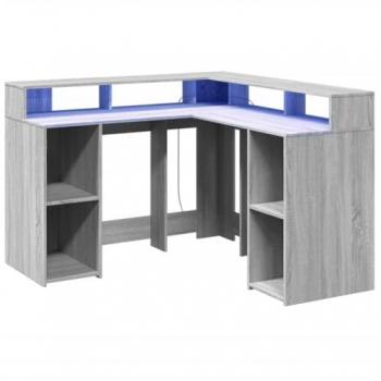 Escritorio con LED de madera ingeniería en color gris sonoma, dimensiones 130x130x91cm