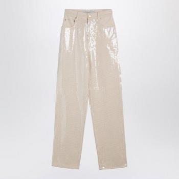 Golden Goose Women's Straight Trousers with Transparent Sequins in Écru Beige, Size 27