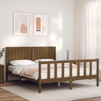 Estructura de cama matrimonio con cabecero de madera marrón miel
