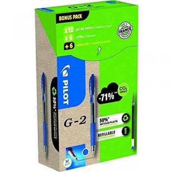 Pack Eco Pilot G-2 Gel 0.7mm - 12 bolígrafos retráctiles + 12 recargas azules