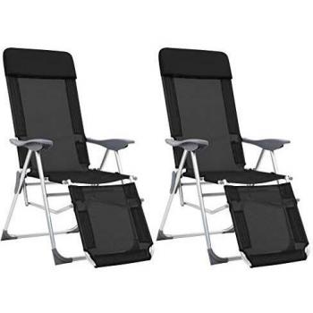 vidaXL 2X Sillas Camping Plegables Reposapiés Aluminio Negro Asiento Taburete